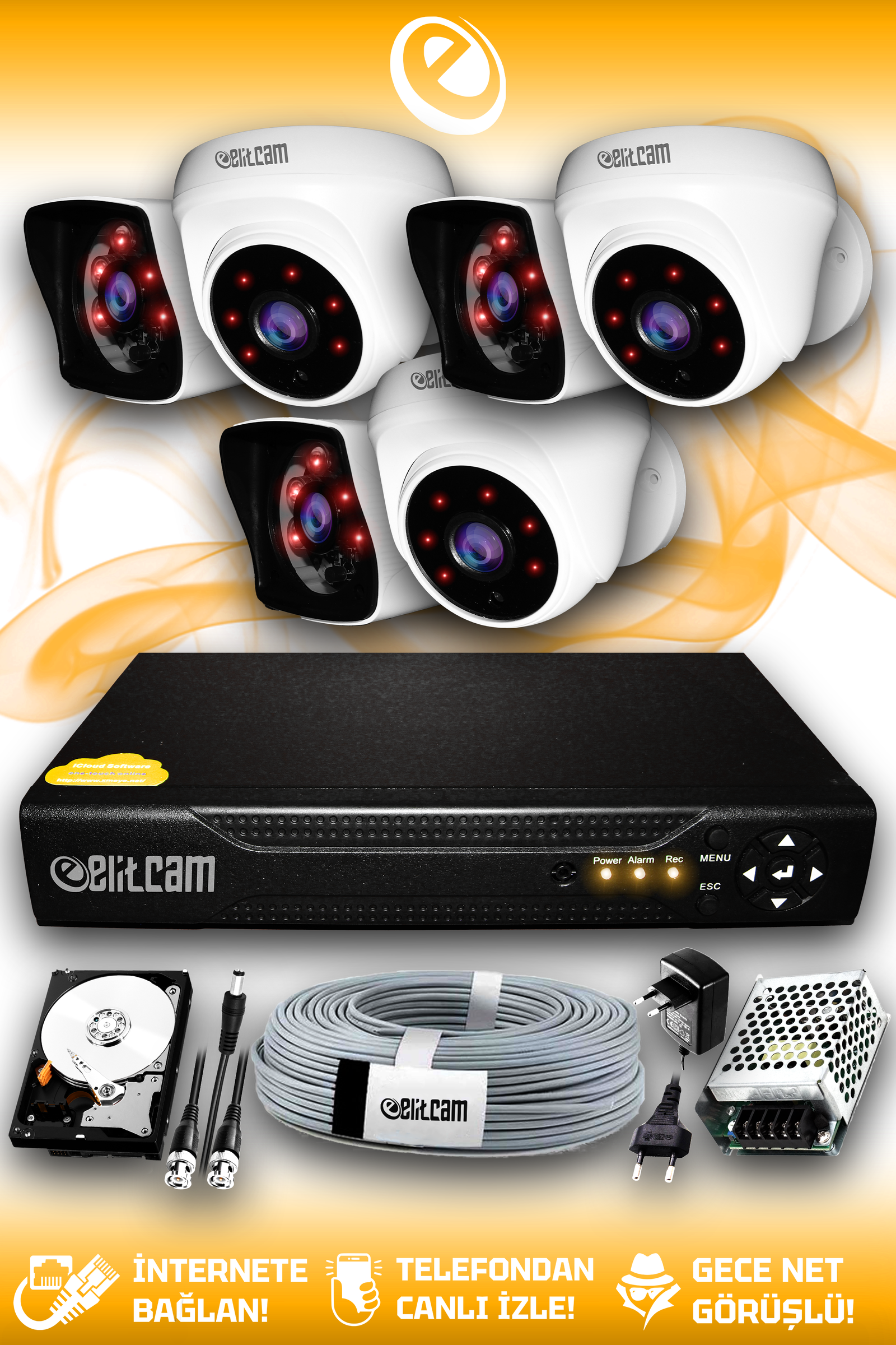 6 Kameralı Kare 3 İç Kamera Set 500 GB HDD Full HD Gece Görüşlü Güvenlik Kamerası Sistemi