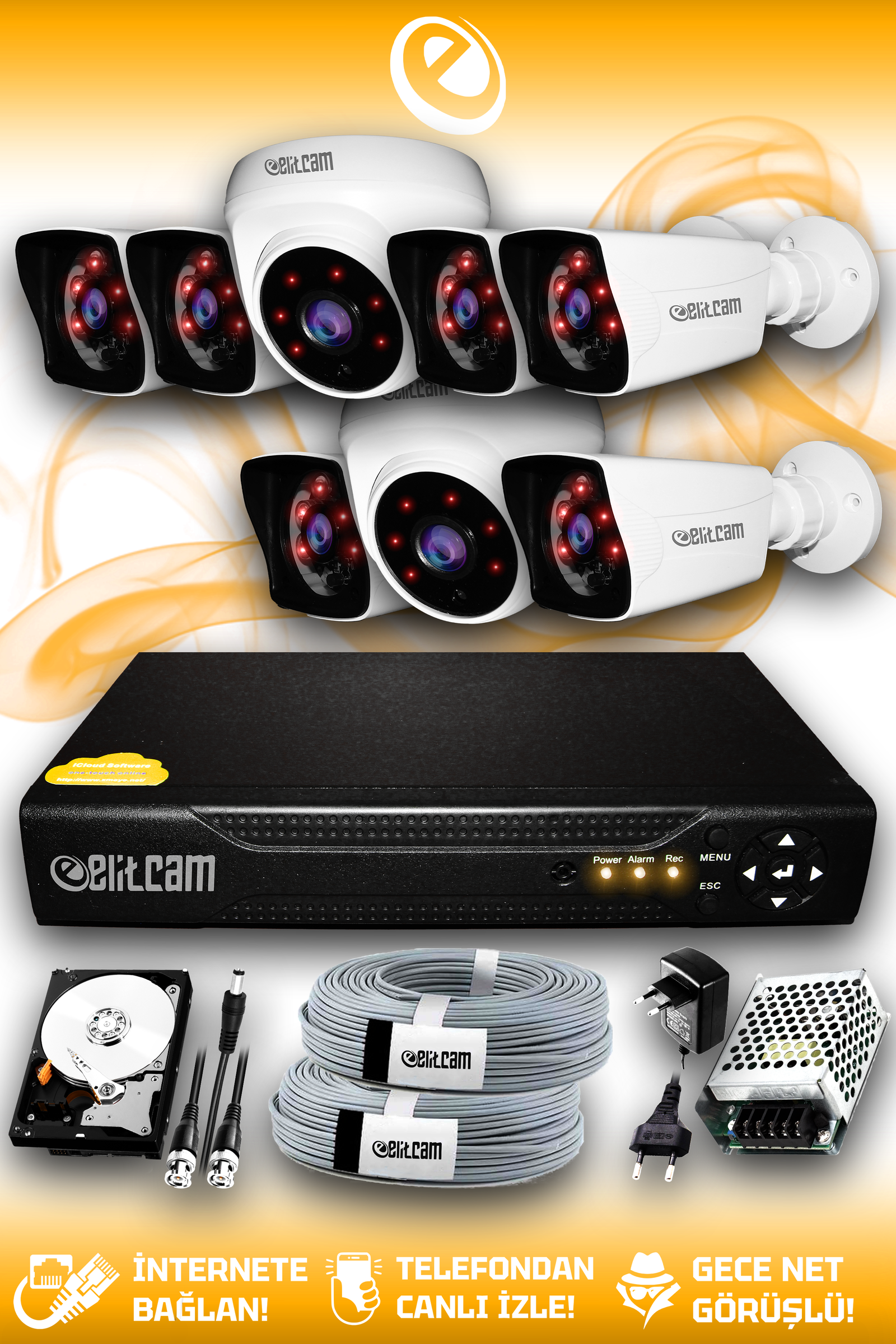 8 Kameralı Kare 2 İç Kamera Set 500 GB HDD Full HD Gece Görüşlü Güvenlik Kamerası Sistemi