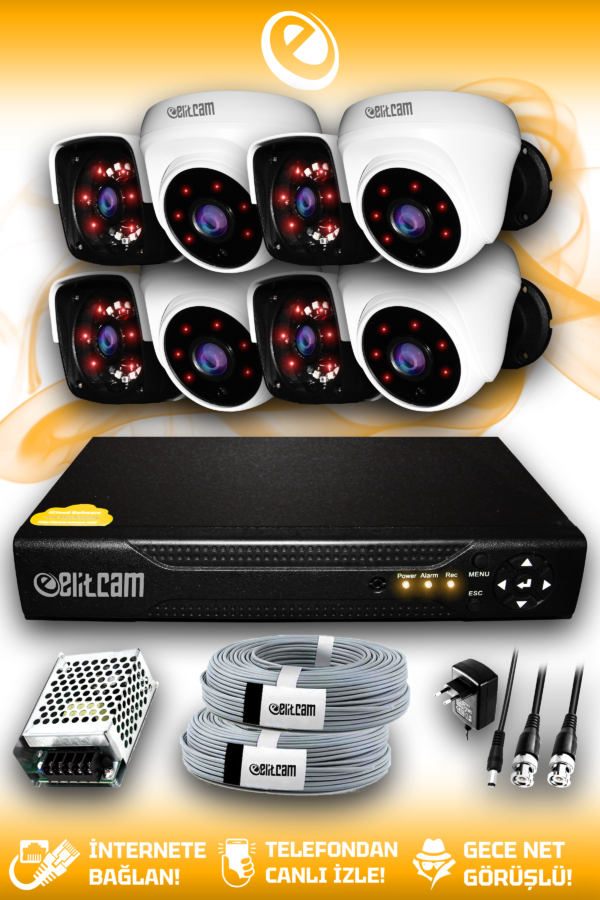 8 Kameralı Panda 4 İç Kamera Set HDD'siz Full HD Gece Görüşlü Güvenlik Kamerası Sistemi