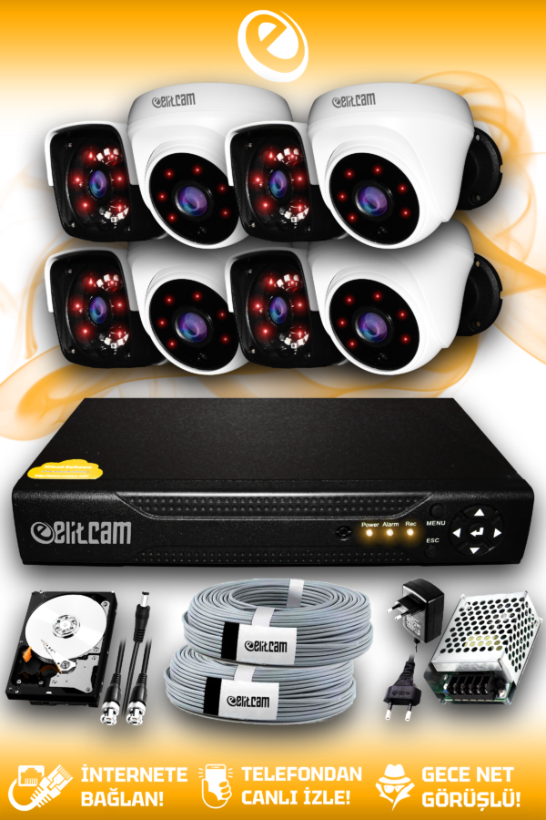8 Kameralı Panda 4 İç Kamera Set 100 GB HDD Full HD Gece Görüşlü Güvenlik Kamerası Sistemi