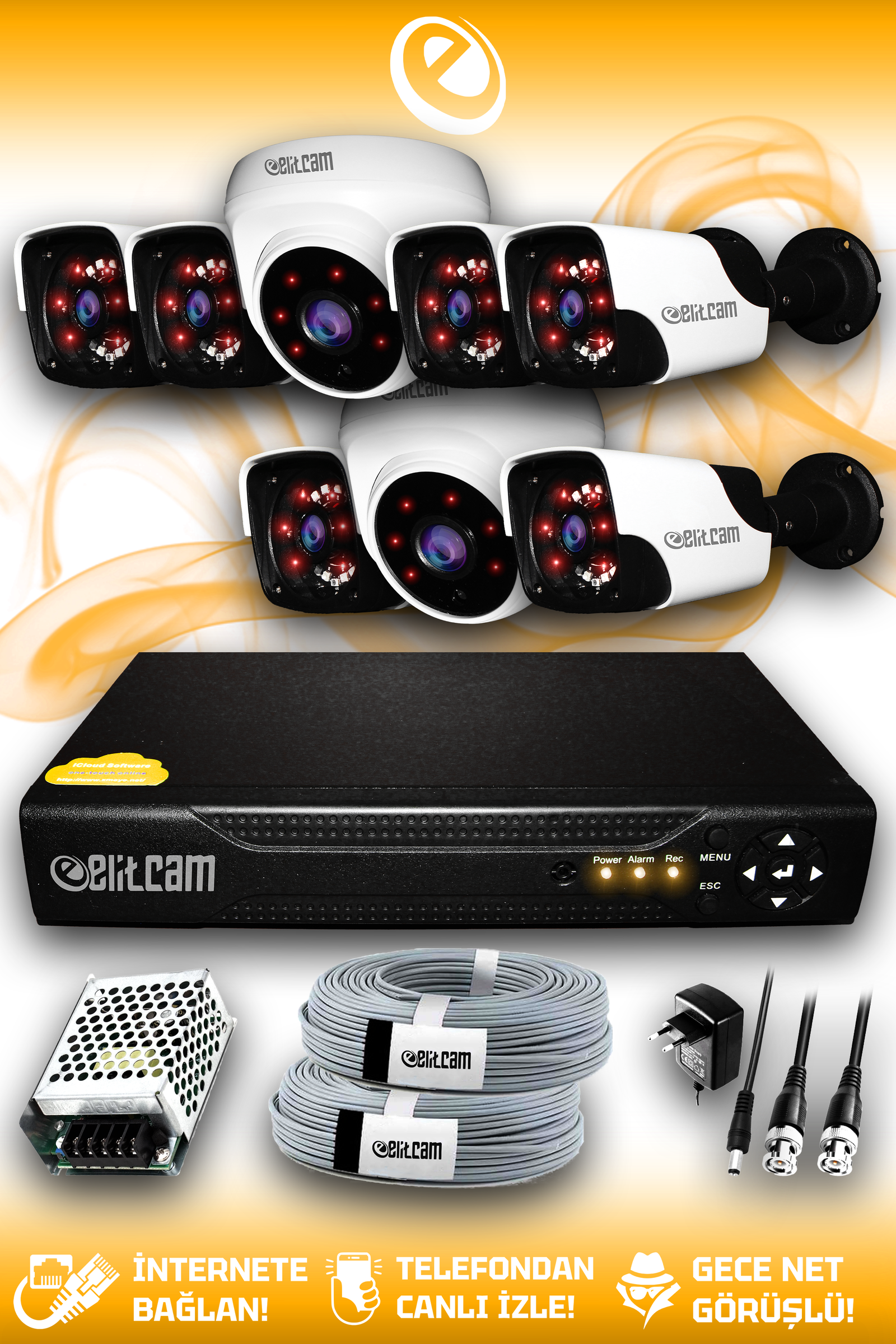 8 Kameralı Panda 2 İç Kamera Set HDD'siz Full HD Gece Görüşlü Güvenlik Kamerası Sistemi