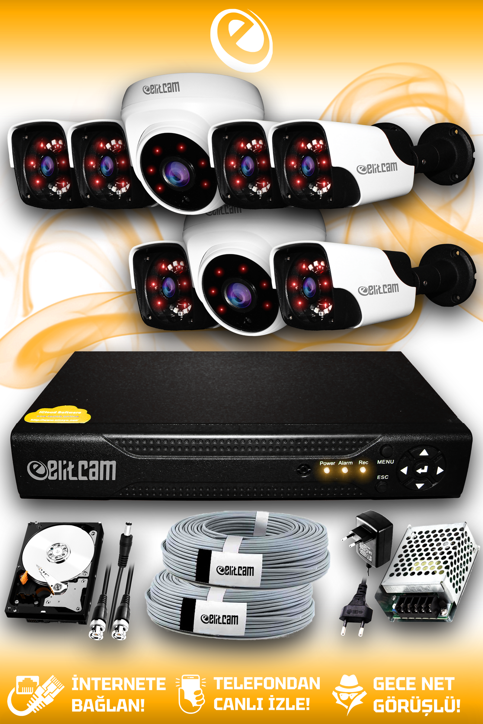 8 Kameralı Panda 2 İç Kamera Set 1 TB HDD Full HD Gece Görüşlü Güvenlik Kamerası Sistemi