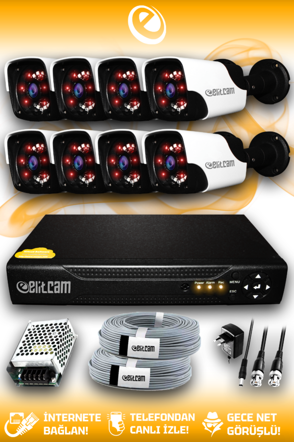 8 Kameralı Panda 8 Dış Kamera Set HDD'siz Full HD Gece Görüşlü Güvenlik Kamerası Sistemi