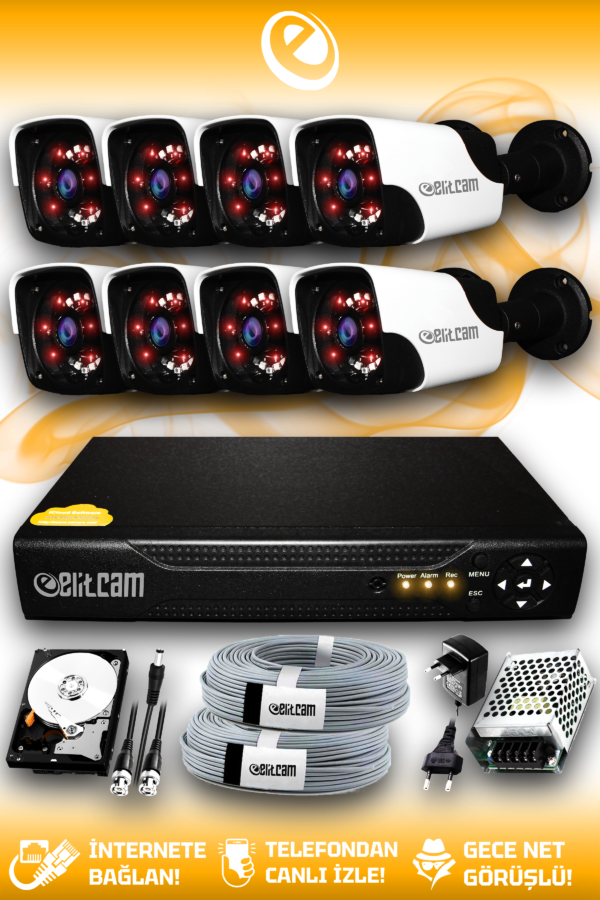 8 Kameralı Panda 8 Dış Kamera Set 2 TB HDD Full HD Gece Görüşlü Güvenlik Kamerası Sistemi