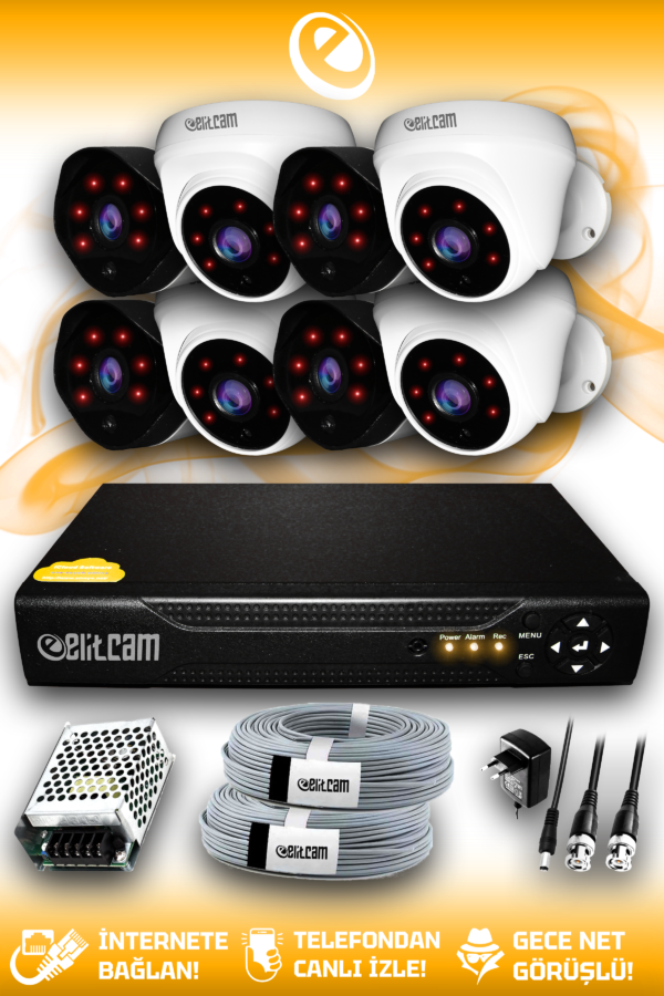 8 Kameralı Uzay 4 İç Kamera Set HDD'siz Full HD Gece Görüşlü Güvenlik Kamerası Sistemi