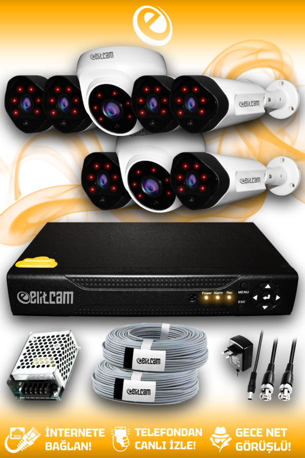 8 Kameralı Uzay 2 İç Kamera Set HDD'siz Full HD Gece Görüşlü Güvenlik Kamerası Sistemi