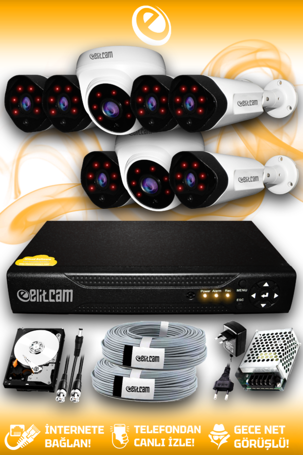 8 Kameralı Uzay 2 İç Kamera Set 320 GB HDD Full HD Gece Görüşlü Güvenlik Kamerası Sistemi