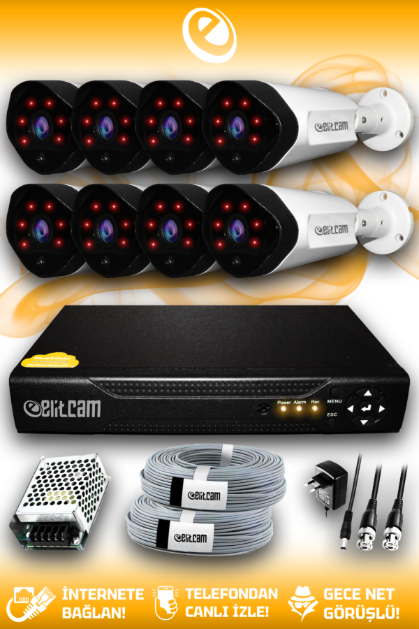 8 Kameralı Uzay 8 Dış Kamera Set HDD'siz Full HD Gece Görüşlü Güvenlik Kamerası Sistemi