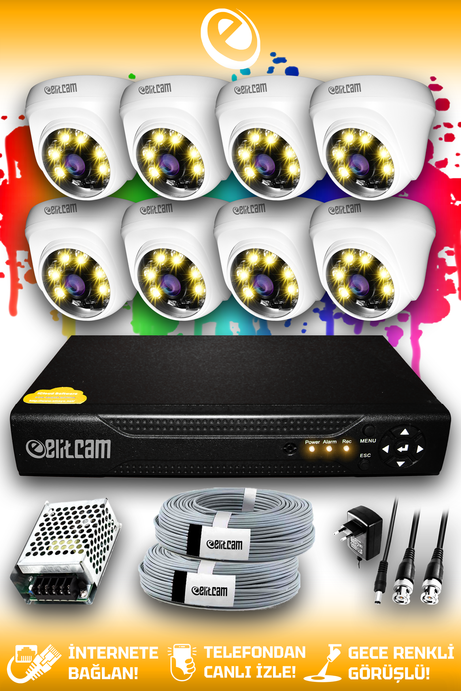 8 Kameralı Dome 8 İç Kamera Set HDD'siz Full HD Renkli Gece Görüşlü Güvenlik Kamerası Sistemi