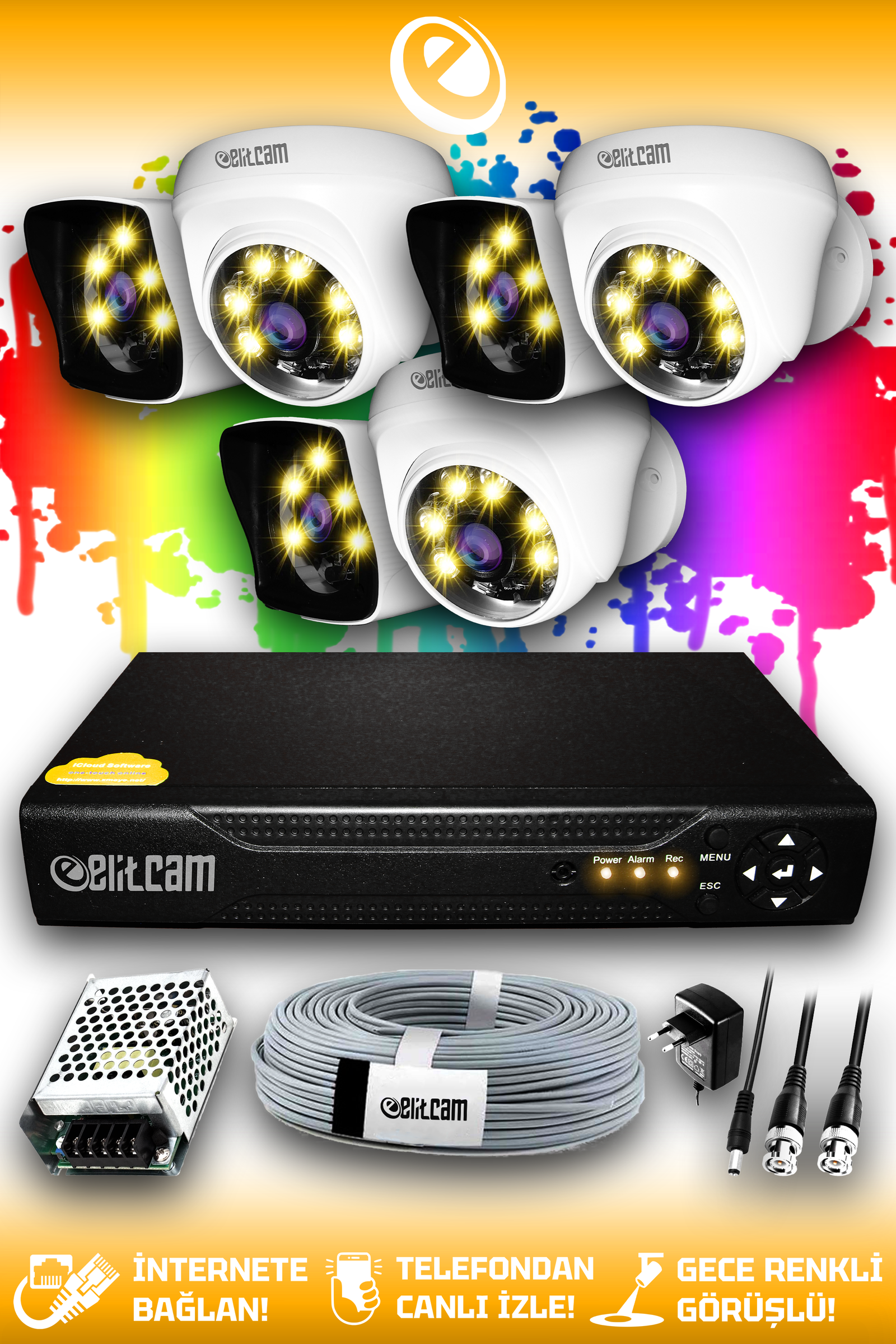 6 Kameralı Kare 3 İç Kamera Set HDD'siz Full HD Renkli Gece Görüşlü Güvenlik Kamerası Sistemi