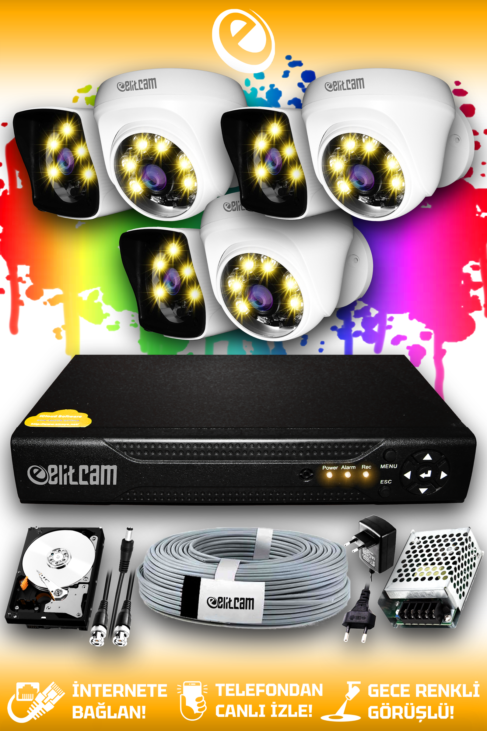 6 Kameralı Kare 3 İç Kamera Set 500 GB HDD Full HD Renkli Gece Görüşlü Güvenlik Kamerası Sistemi