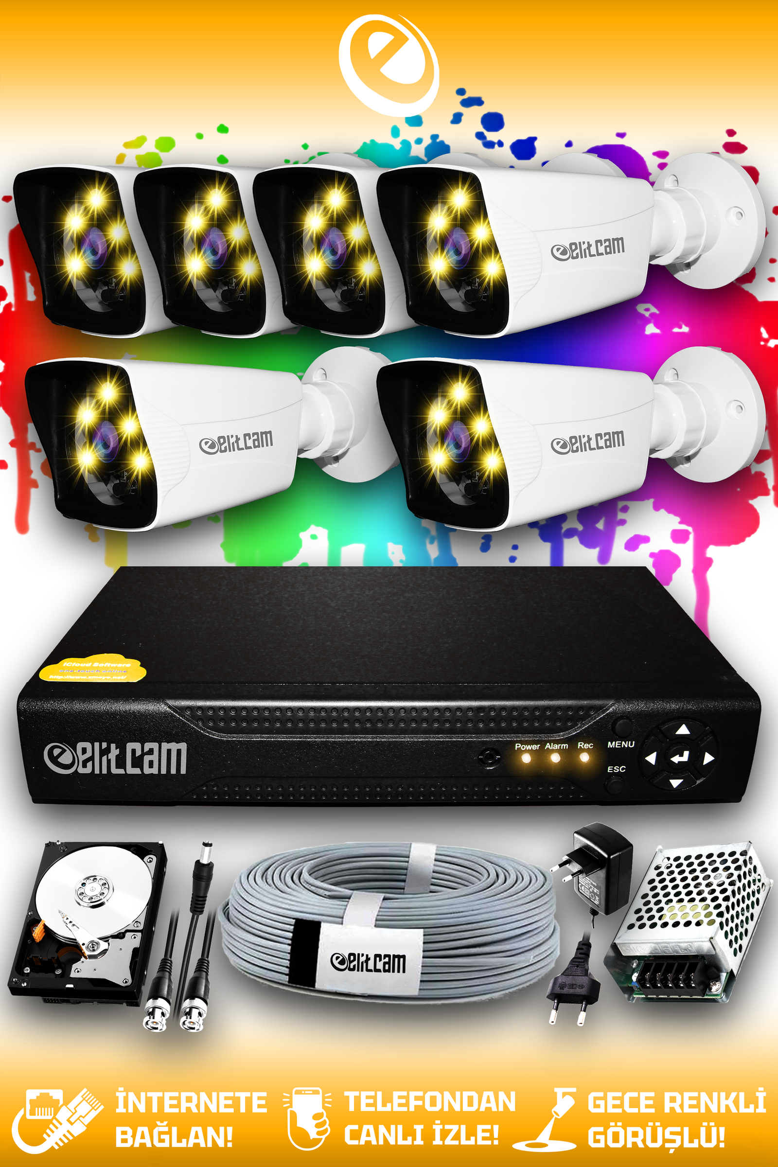 6 Kameralı Kare 6 Dış Kamera Set 1 TB HDD Full HD Renkli Gece Görüşlü Güvenlik Kamerası Sistemi