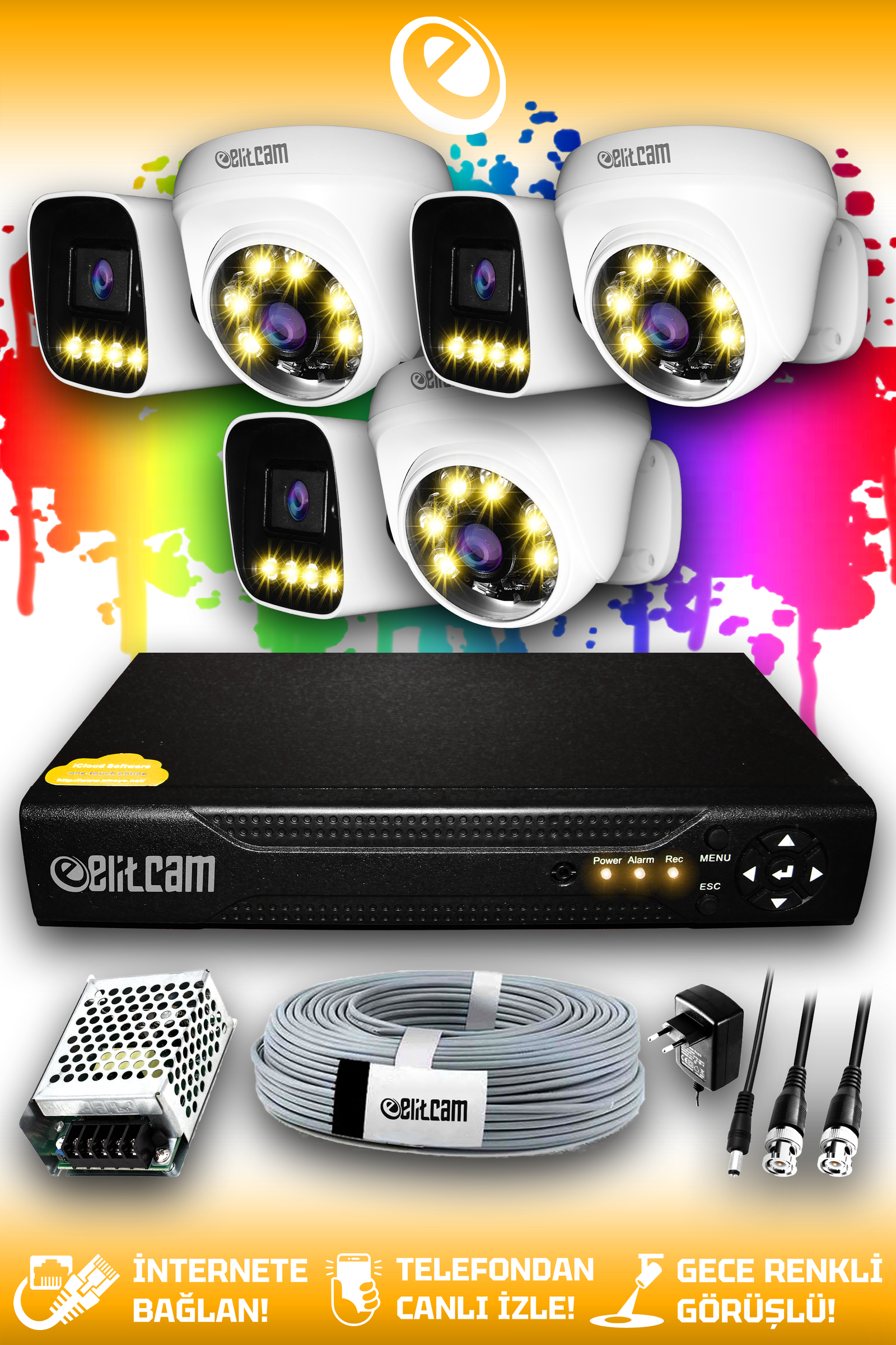 6 Kameralı Zebra 3 İç Kamera Set HDD'siz Full HD Renkli Gece Görüşlü Güvenlik Kamerası Sistemi