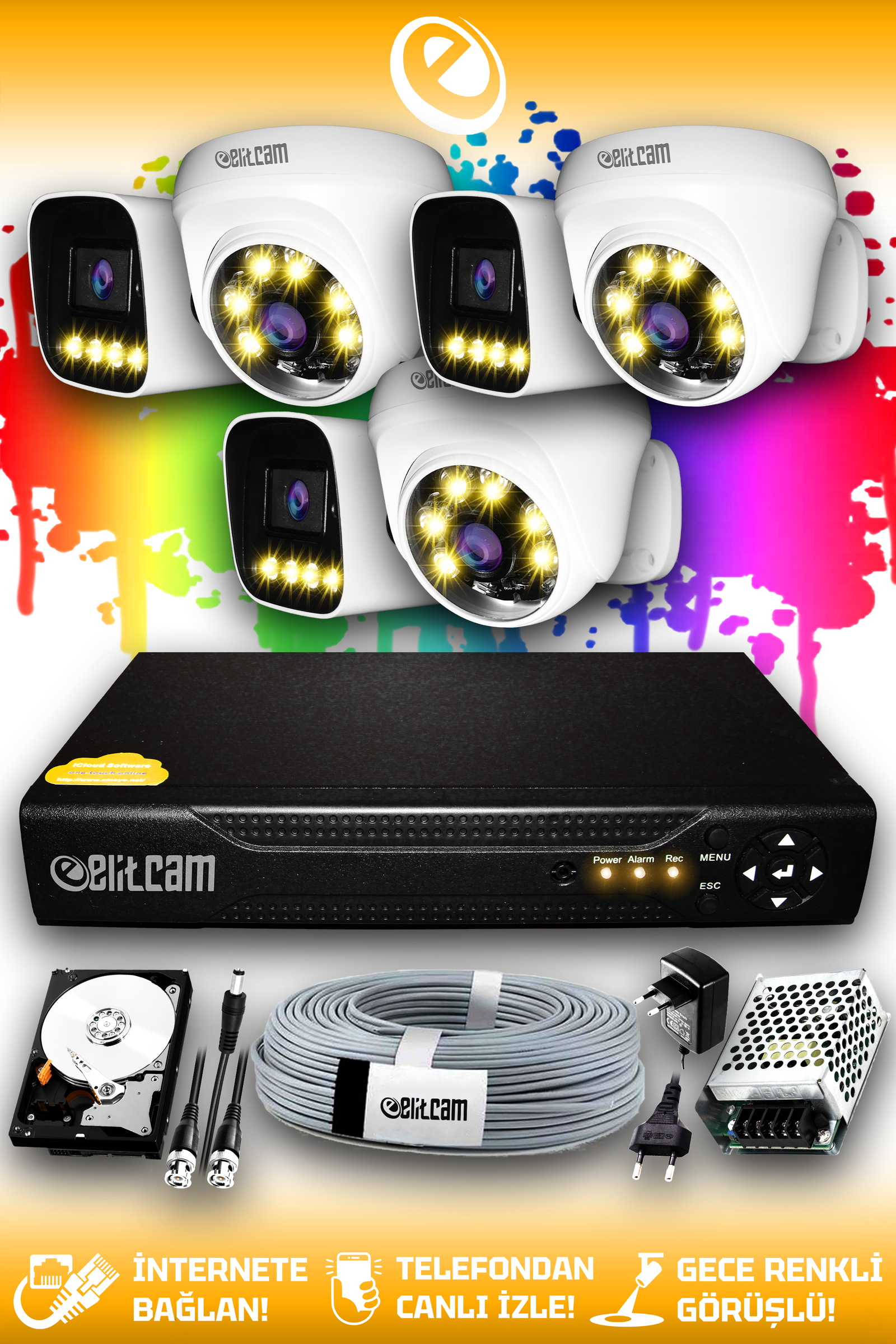 6 Kameralı Zebra 3 İç Kamera Set 100 GB HDD Full HD Renkli Gece Görüşlü Güvenlik Kamerası Sistemi