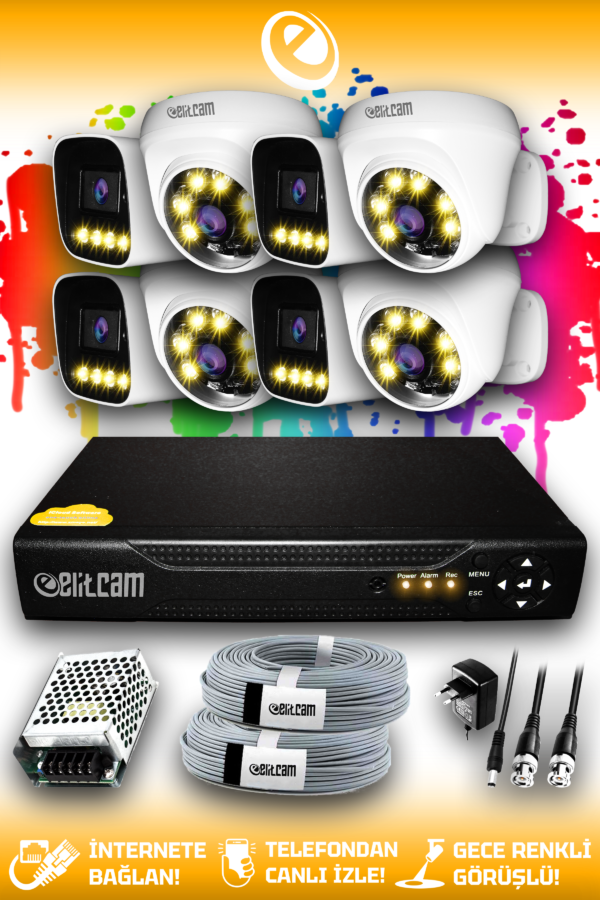 8 Kameralı Zebra 4 İç Kamera Set HDD'siz Full HD Renkli Gece Görüşlü Güvenlik Kamerası Sistemi