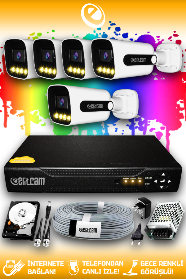 5 Kameralı Zebra 5 Dış Kamera Set 250 GB HDD Full HD Renkli Gece Görüşlü Güvenlik Kamerası Sistemi