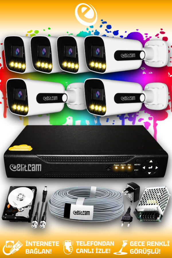 6 Kameralı Zebra 6 Dış Kamera Set 250 GB HDD Full HD Renkli Gece Görüşlü Güvenlik Kamerası Sistemi