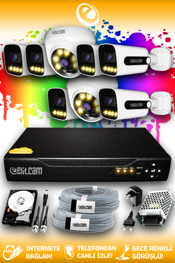 8 Kameralı Zebra 2 İç Kamera Set 1 TB HDD Full HD Renkli Gece Görüşlü Güvenlik Kamerası Sistemi