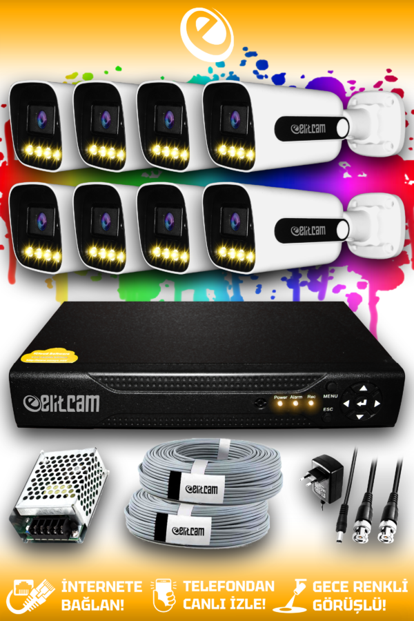 8 Kameralı Zebra 8 Dış Kamera Set HDD'siz Full HD Renkli Gece Görüşlü Güvenlik Kamerası Sistemi
