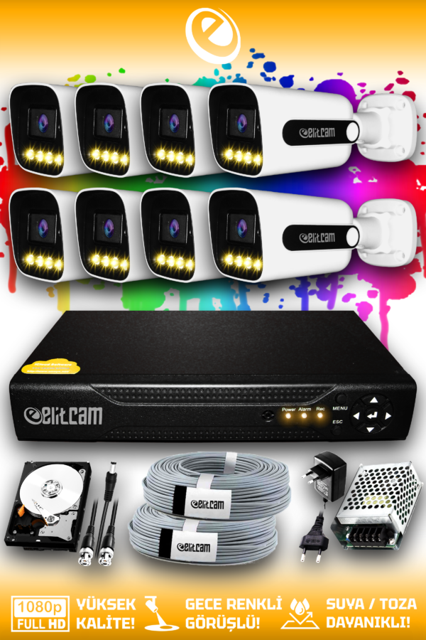 8 Kameralı Zebra 8 Dış Kamera Set 100 GB HDD Full HD Renkli Gece Görüşlü Güvenlik Kamerası Sistemi