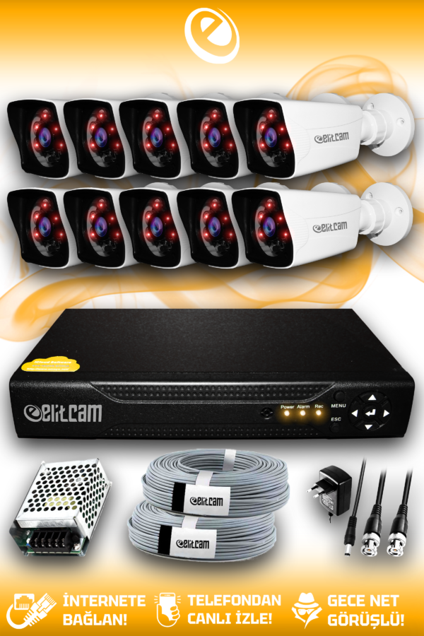 10 Kameralı Kare 10 Dış Kamera Set HDD'siz Full HD Gece Görüşlü Güvenlik Kamerası Sistemi