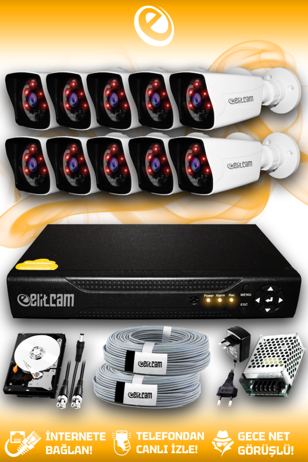 10 Kameralı Kare 10 Dış Kamera Set 2 TB HDD Full HD Gece Görüşlü Güvenlik Kamerası Sistemi