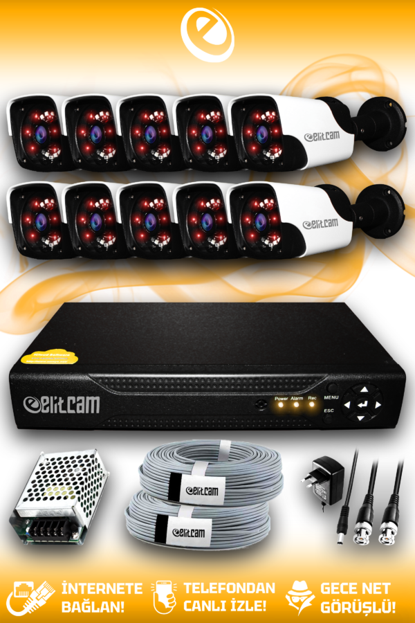 10 Kameralı Panda 10 Dış Kamera Set HDD'siz Full HD Gece Görüşlü Güvenlik Kamerası Sistemi