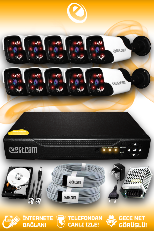 10 Kameralı Panda 10 Dış Kamera Set 100 GB HDD Full HD Gece Görüşlü Güvenlik Kamerası Sistemi