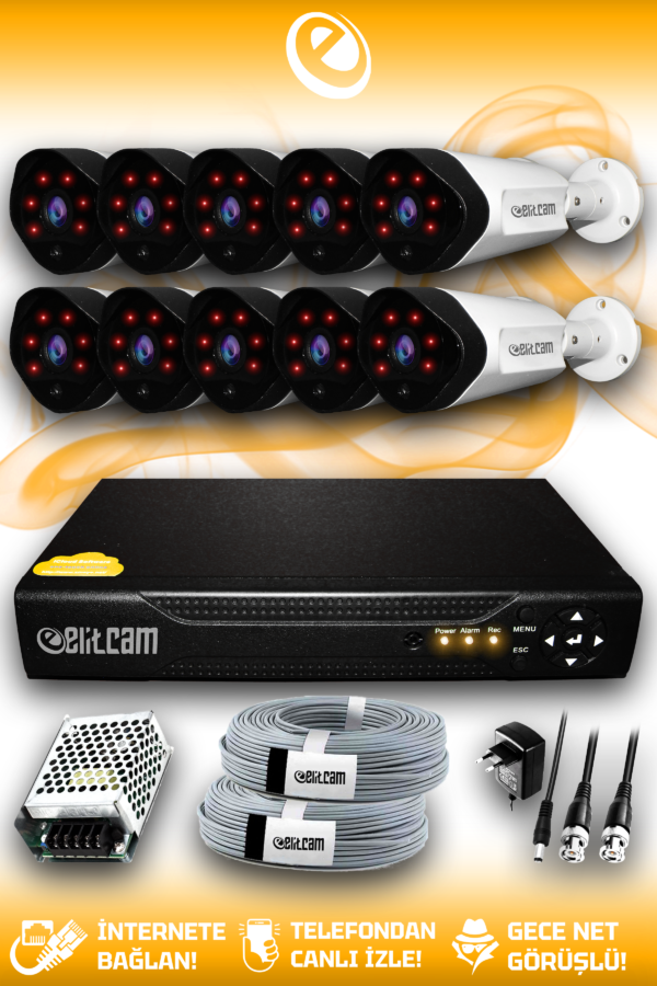 10 Kameralı Uzay 10 Dış Kamera Set HDD'siz Full HD Gece Görüşlü Güvenlik Kamerası Sistemi