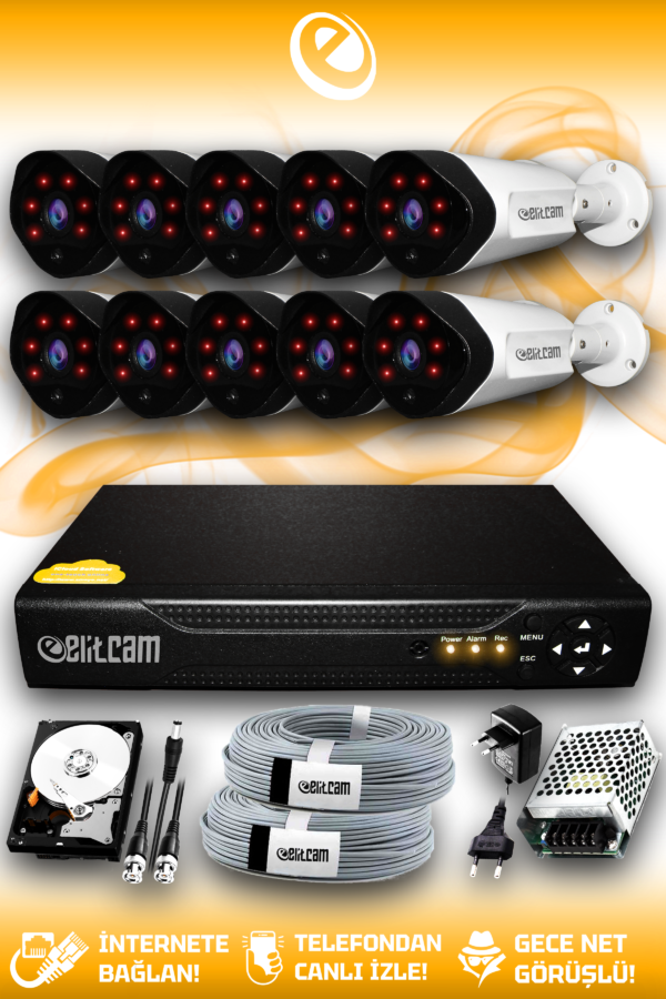 10 Kameralı Uzay 10 Dış Kamera Set 500 GB HDD Full HD Gece Görüşlü Güvenlik Kamerası Sistemi