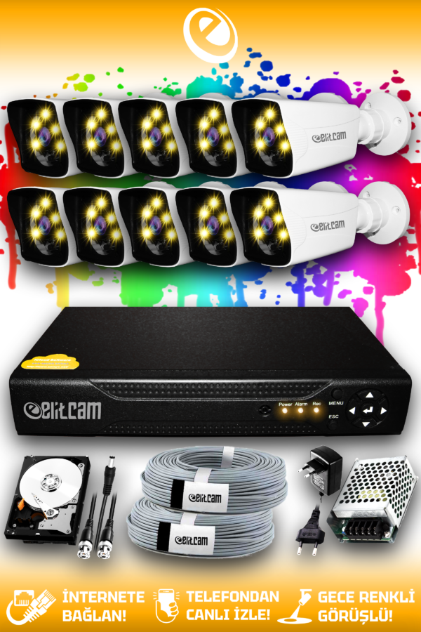 10 Kameralı Kare 10 Dış Kamera Set 500 GB HDD Full HD Renkli Gece Görüşlü Güvenlik Kamerası Sistemi