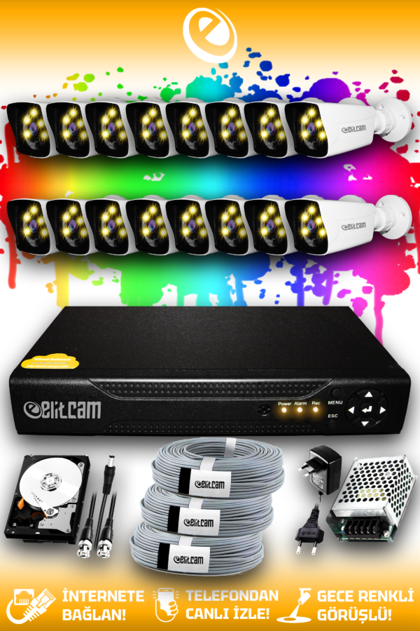 16 Kameralı Kare 16 Dış Kamera Set 2 TB HDD Full HD Renkli Gece Görüşlü Güvenlik Kamerası Sistemi