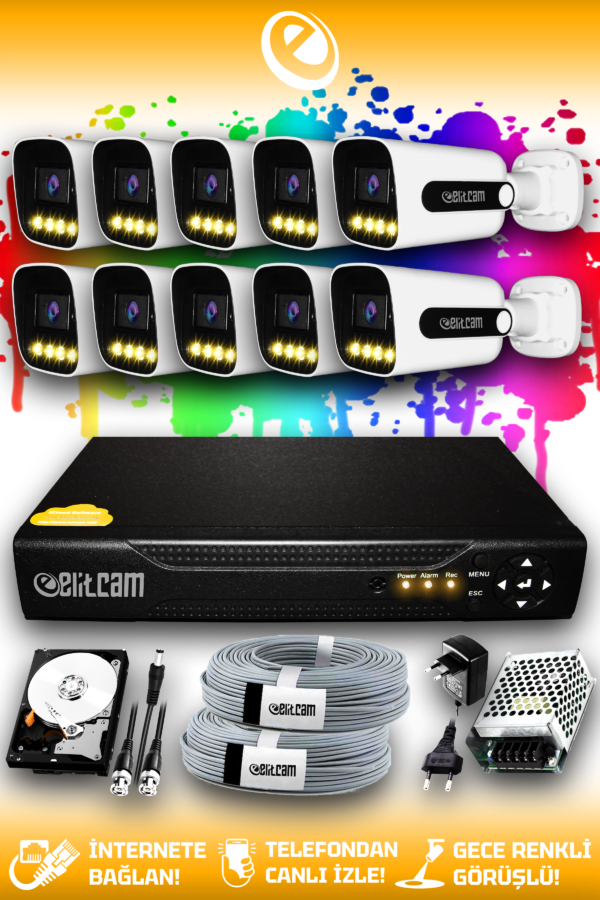 10 Kameralı Zebra 10 Dış Kamera Set 1 TB HDD Full HD Renkli Gece Görüşlü Güvenlik Kamerası Sistemi