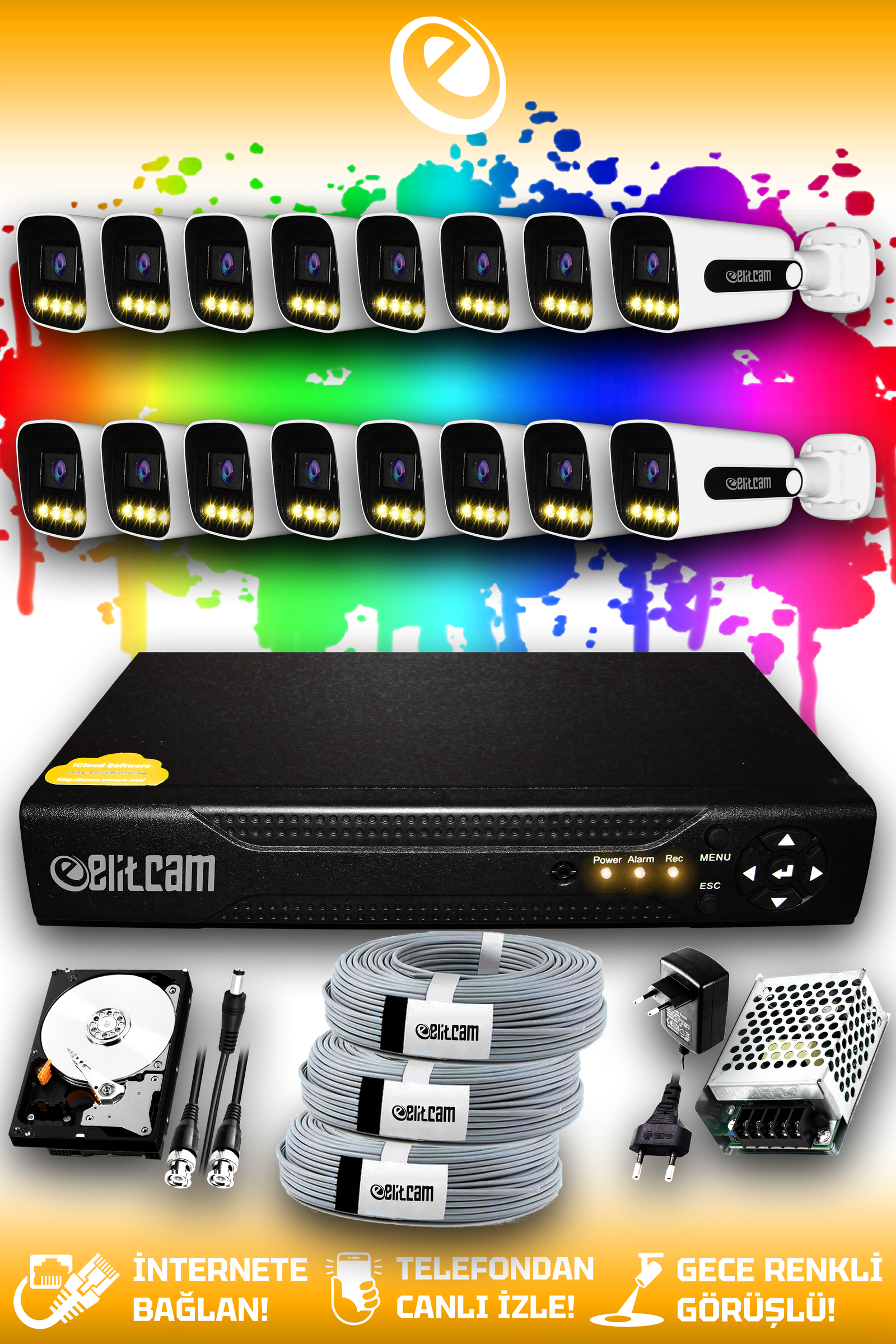 16 Kameralı Zebra 16 Dış Kamera Set 1 TB HDD Full HD Renkli Gece Görüşlü Güvenlik Kamerası Sistemi