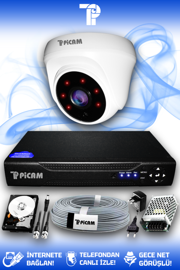 1 Kameralı Dome 1 İç Kamera Set 320 GB HDD Full HD Gece Görüşlü Güvenlik Kamerası Sistemi