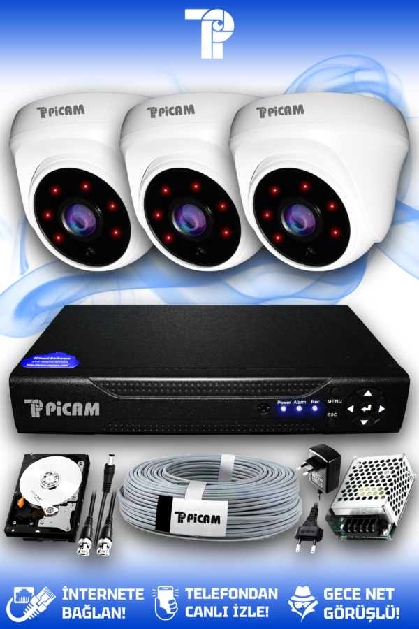 3 Kameralı Dome 3 İç Kamera Set 100 GB HDD Full HD Gece Görüşlü Güvenlik Kamerası Sistemi
