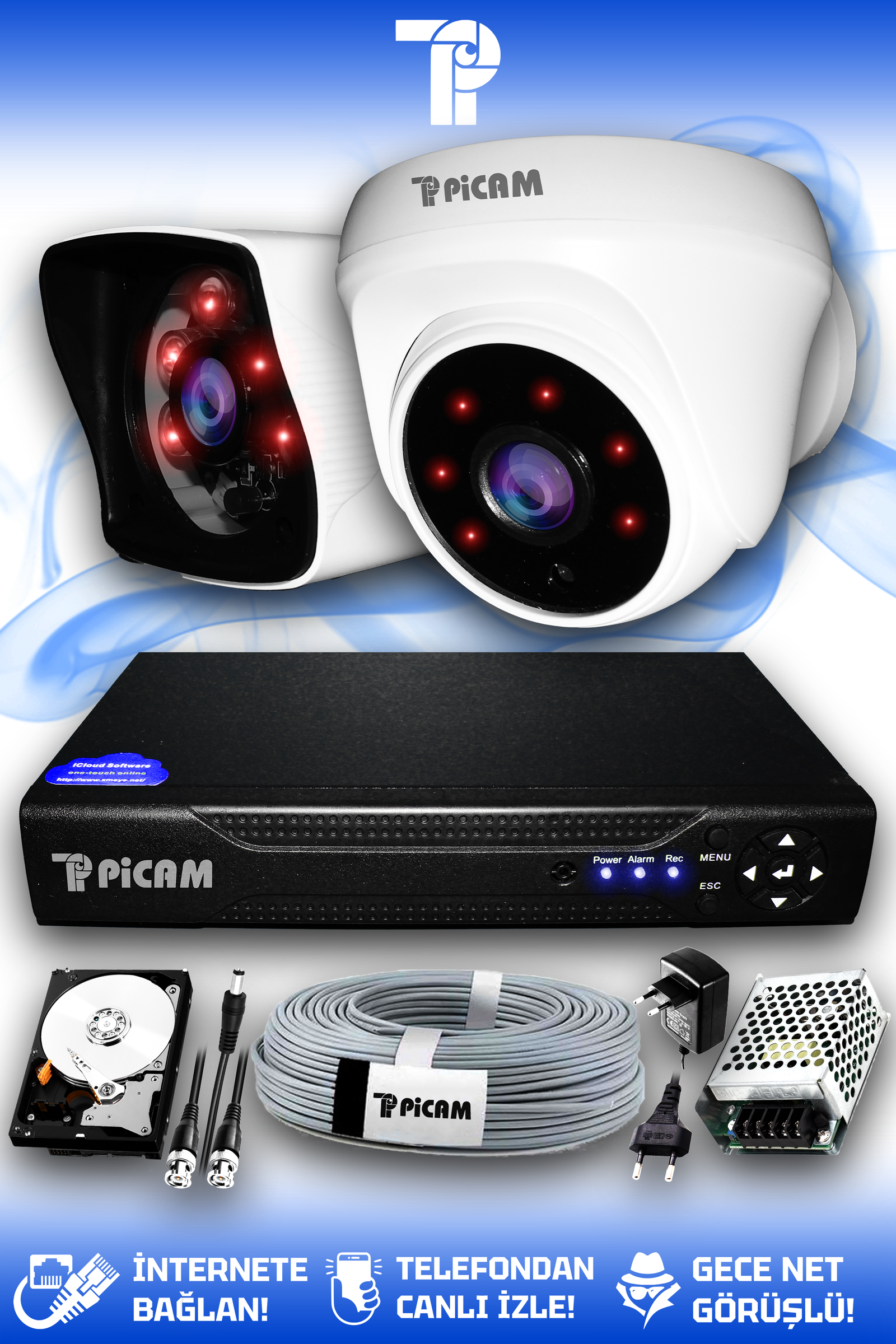 2 Kameralı Kare 1 İç Kamera Set 2 TB HDD Full HD Gece Görüşlü Güvenlik Kamerası Sistemi