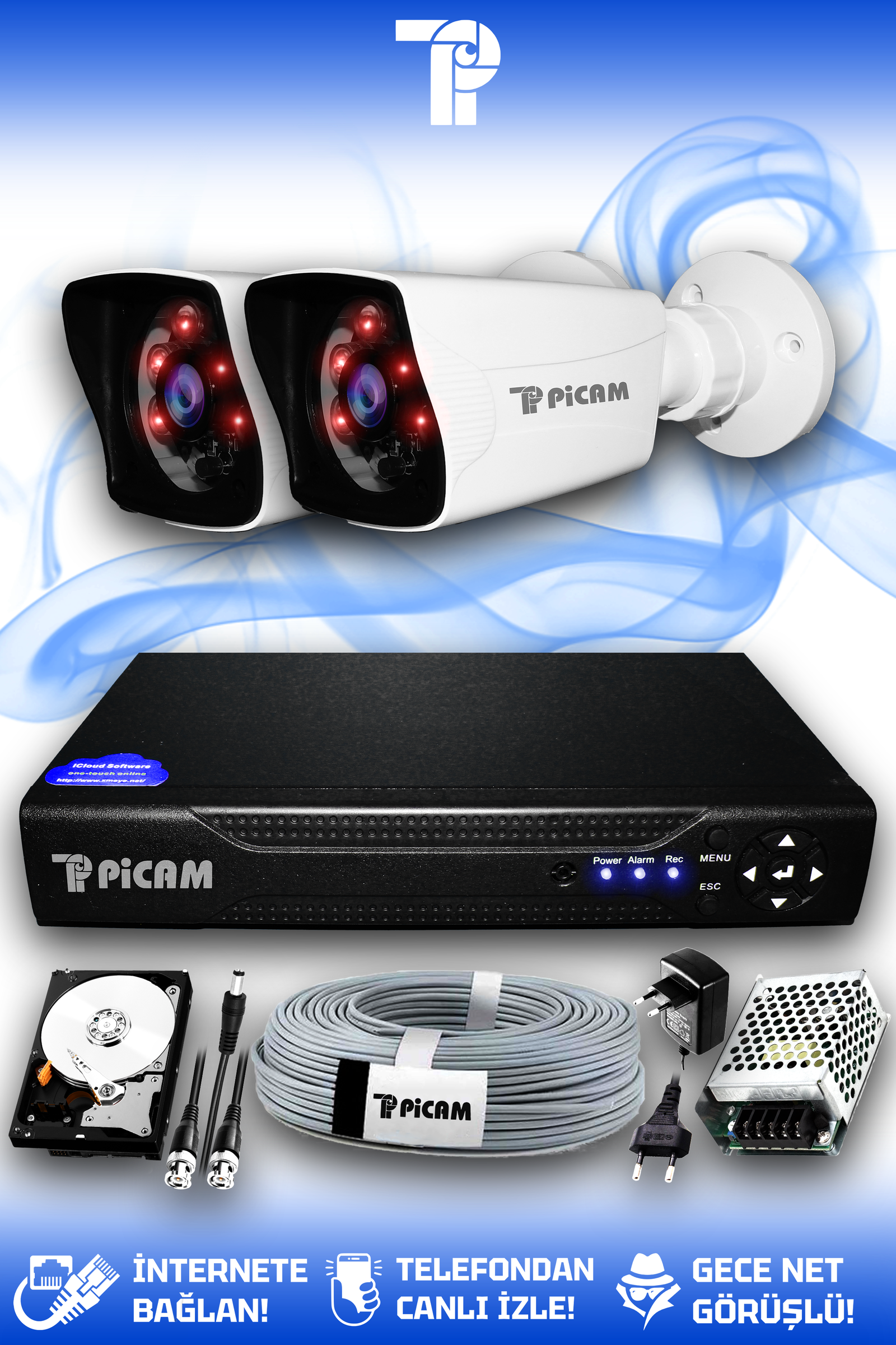 2 Kameralı Kare 2 Dış Kamera Set 100 GB HDD Full HD Gece Görüşlü Güvenlik Kamerası Sistemi