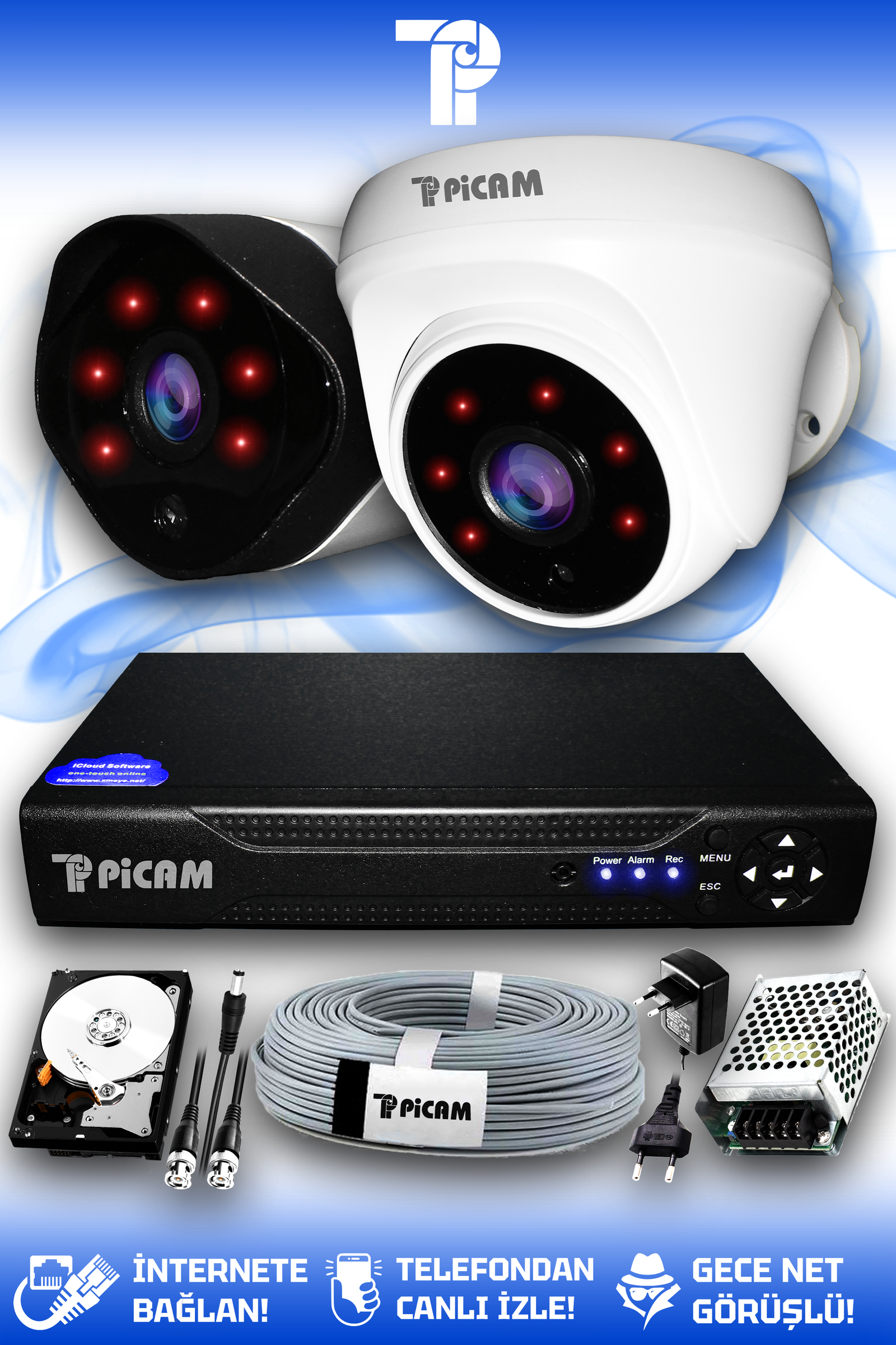 2 Kameralı Uzay 1 İç Kamera Set 1 TB HDD Full HD Gece Görüşlü Güvenlik Kamerası Sistemi