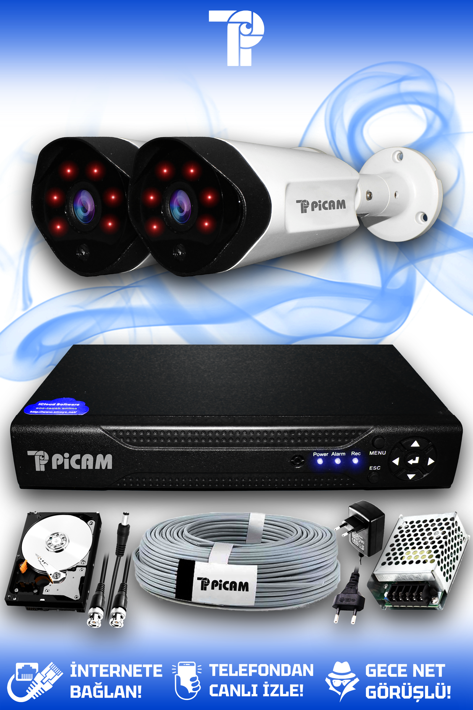 2 Kameralı Uzay 2 Dış Kamera Set 250 GB HDD Full HD Gece Görüşlü Güvenlik Kamerası Sistemi