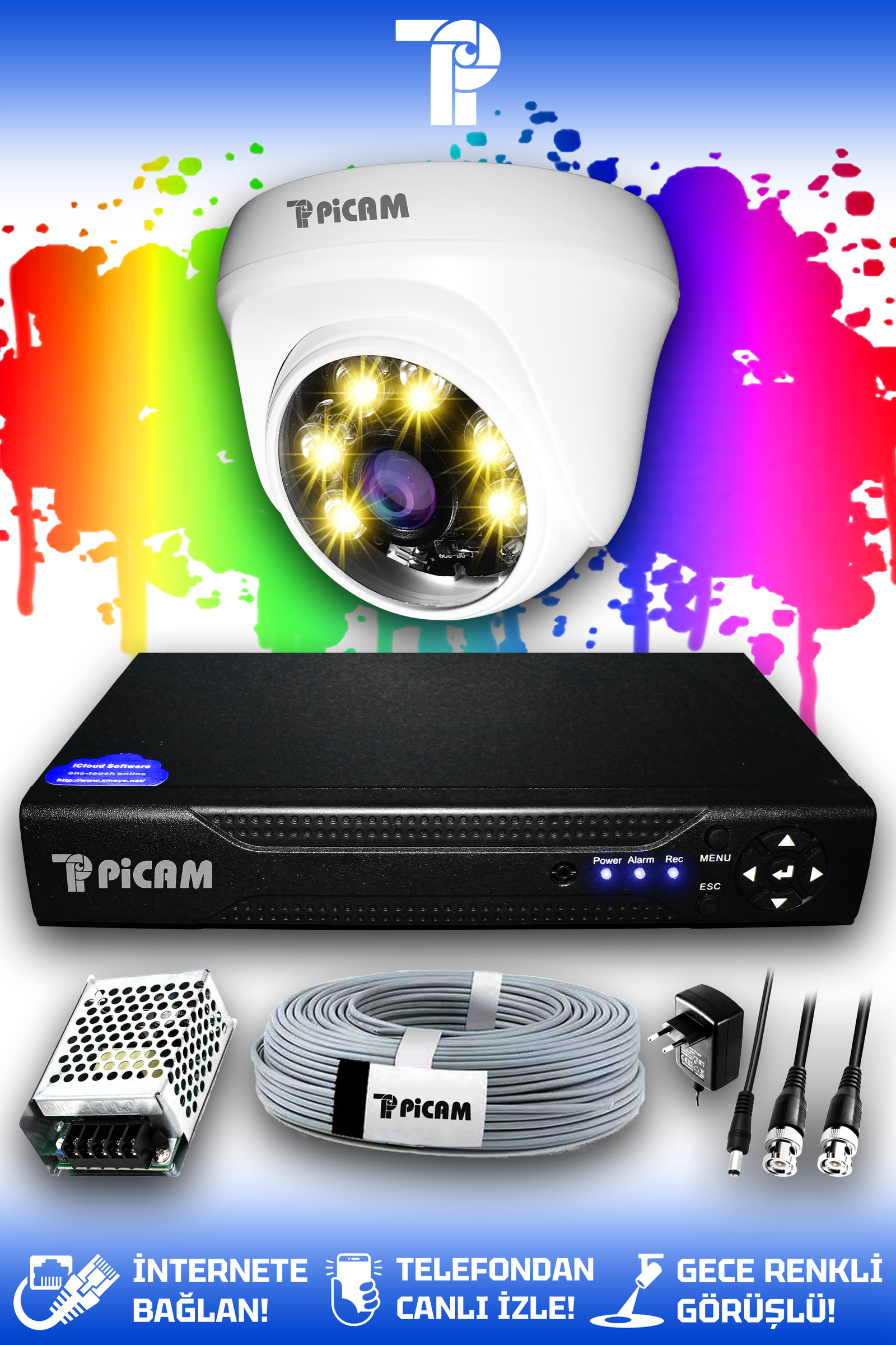 1 Kameralı Dome 1 İç Kamera Set HDD'siz Full HD Renkli Gece Görüşlü Güvenlik Kamerası Sistemi