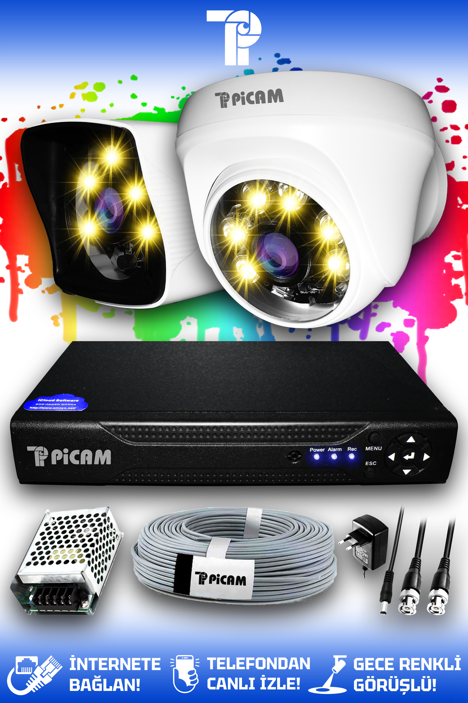 2 Kameralı Kare 1 İç Kamera Set HDD'siz Full HD Renkli Gece Görüşlü Güvenlik Kamerası Sistemi