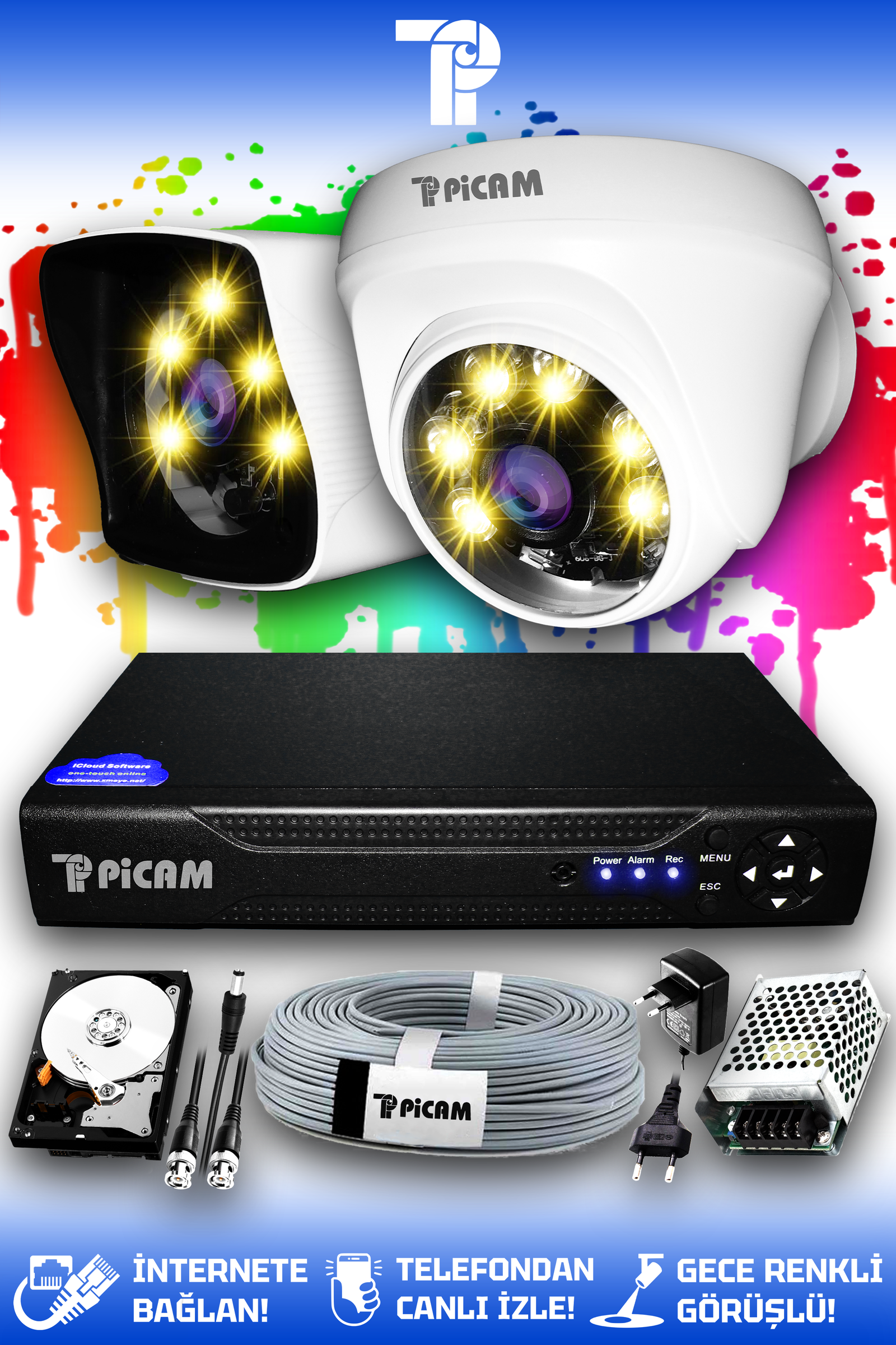 2 Kameralı Kare 1 İç Kamera Set 250 GB HDD Full HD Renkli Gece Görüşlü Güvenlik Kamerası Sistemi