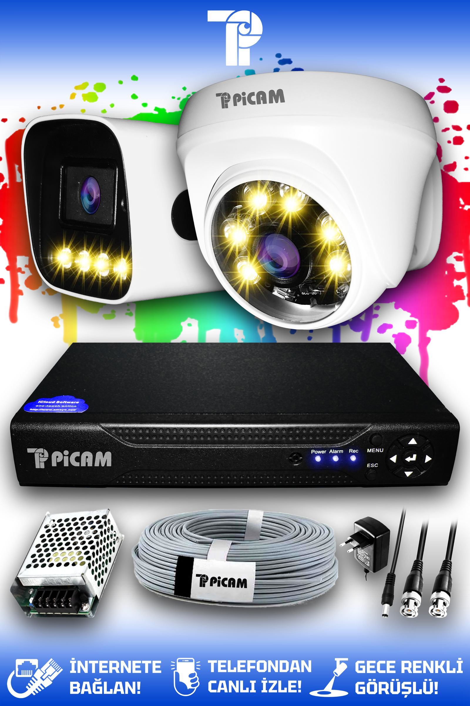 2 Kameralı Zebra 1 İç Kamera Set HDD'siz Full HD Renkli Gece Görüşlü Güvenlik Kamerası Sistemi