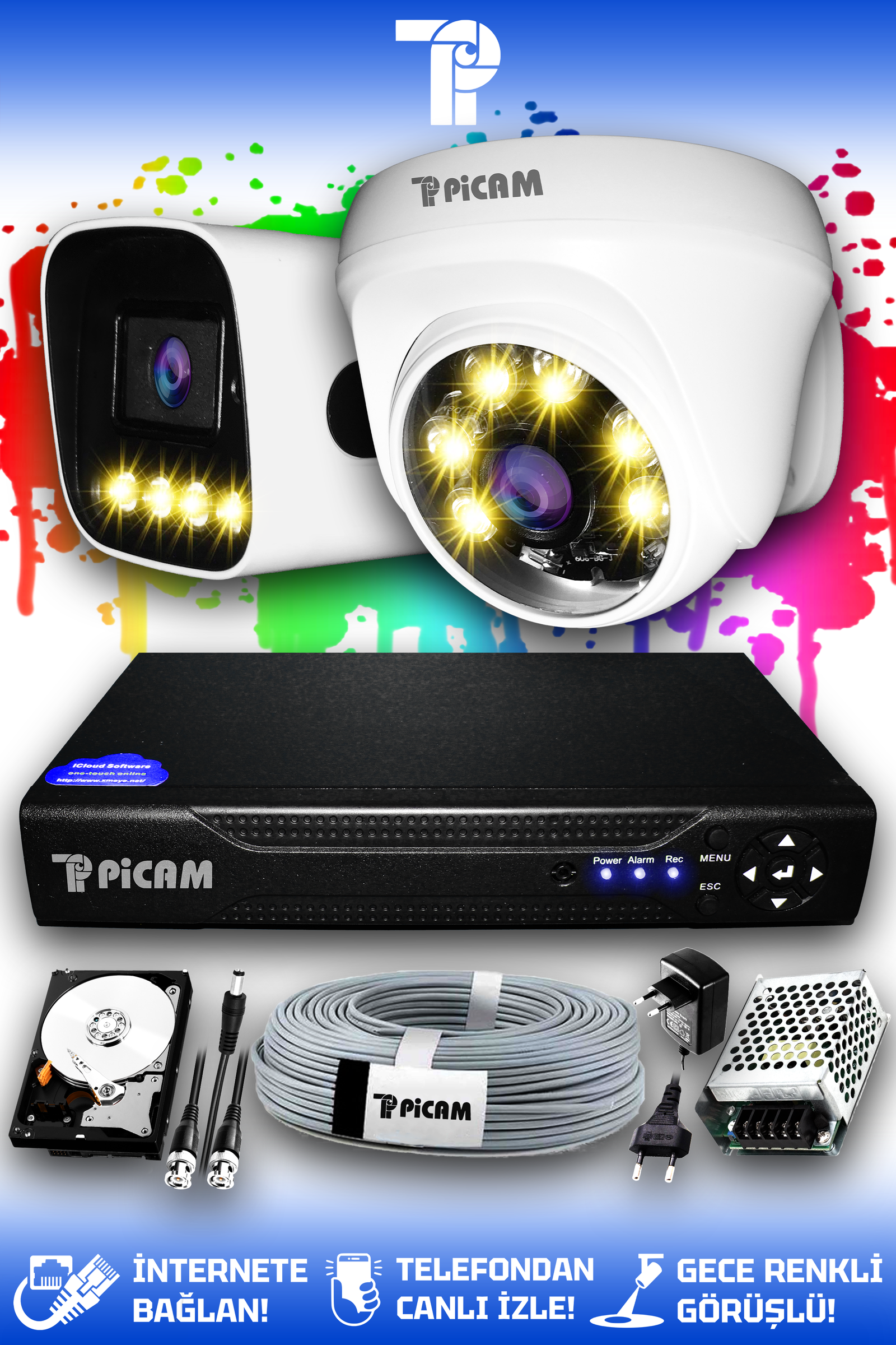 2 Kameralı Zebra 1 İç Kamera Set 100 GB HDD Full HD Renkli Gece Görüşlü Güvenlik Kamerası Sistemi