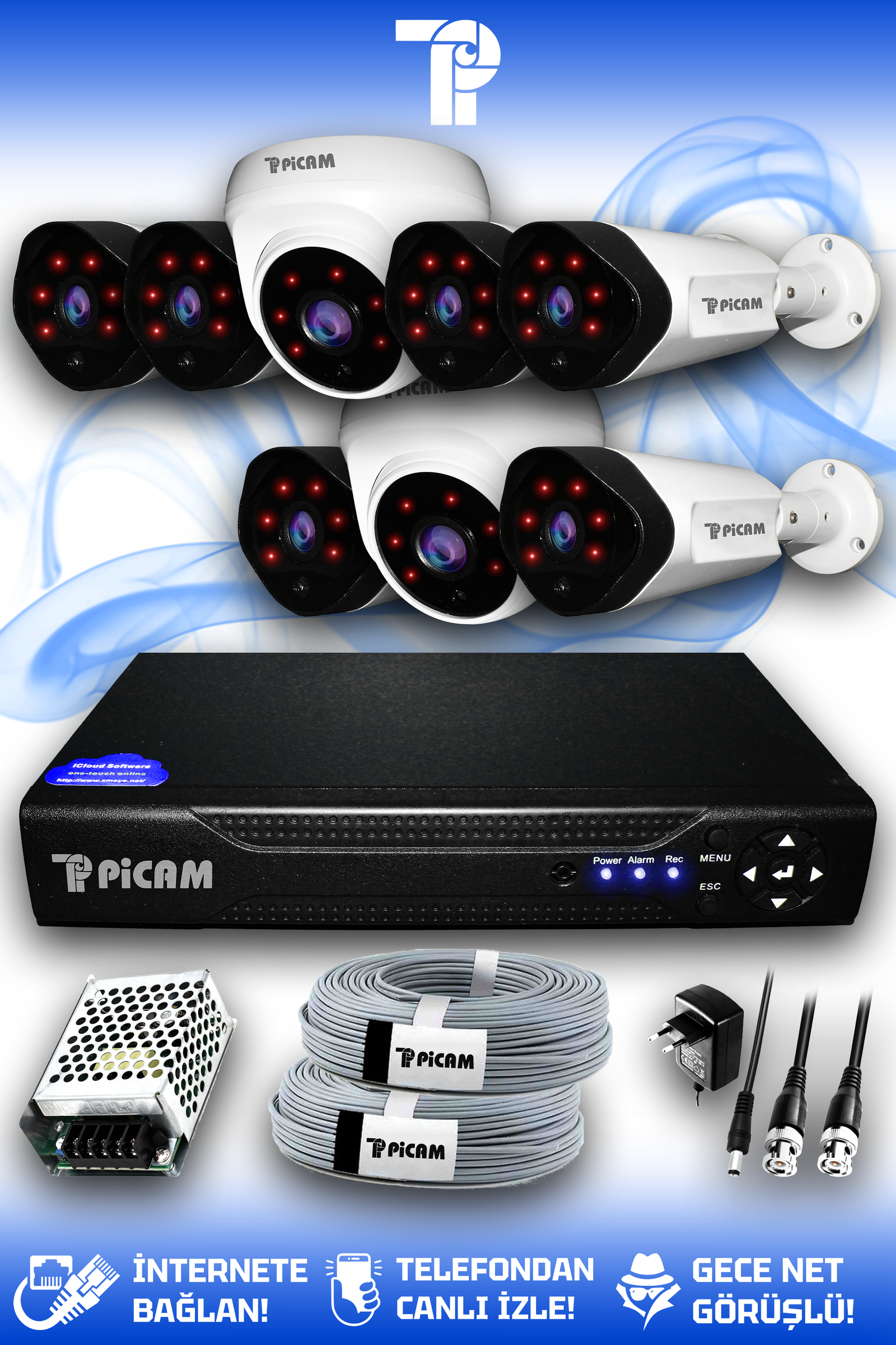 8 Kameralı Uzay 2 İç Kamera Set HDD'siz Full HD Gece Görüşlü Güvenlik Kamerası Sistemi