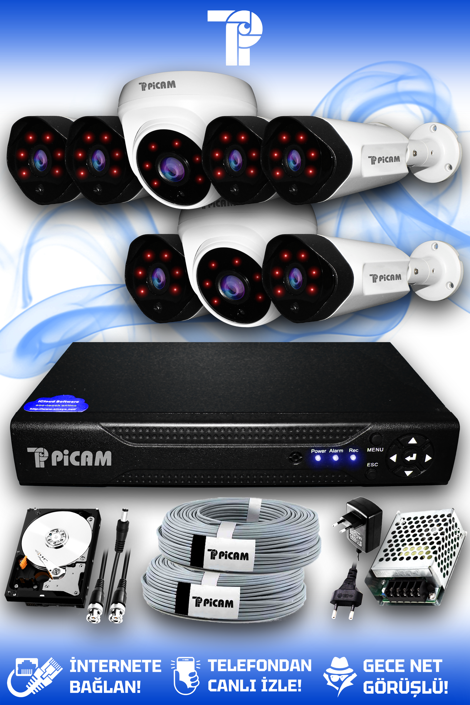 8 Kameralı Uzay 2 İç Kamera Set 500 GB HDD Full HD Gece Görüşlü Güvenlik Kamerası Sistemi