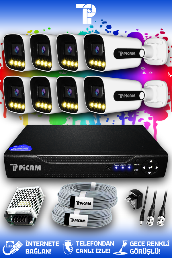 8 Kameralı Zebra 8 Dış Kamera Set HDD'siz Full HD Renkli Gece Görüşlü Güvenlik Kamerası Sistemi