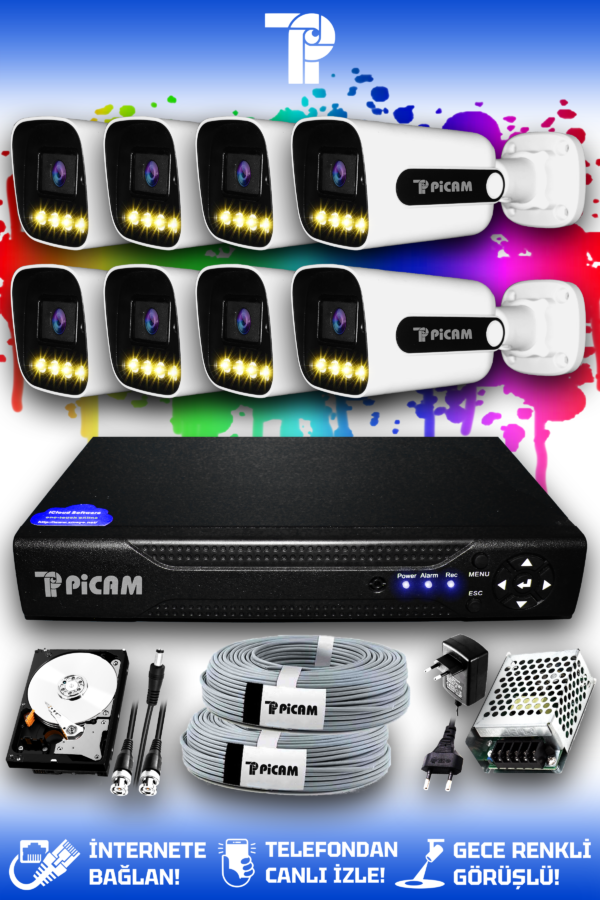 8 Kameralı Zebra 8 Dış Kamera Set 500 GB HDD Full HD Renkli Gece Görüşlü Güvenlik Kamerası Sistemi