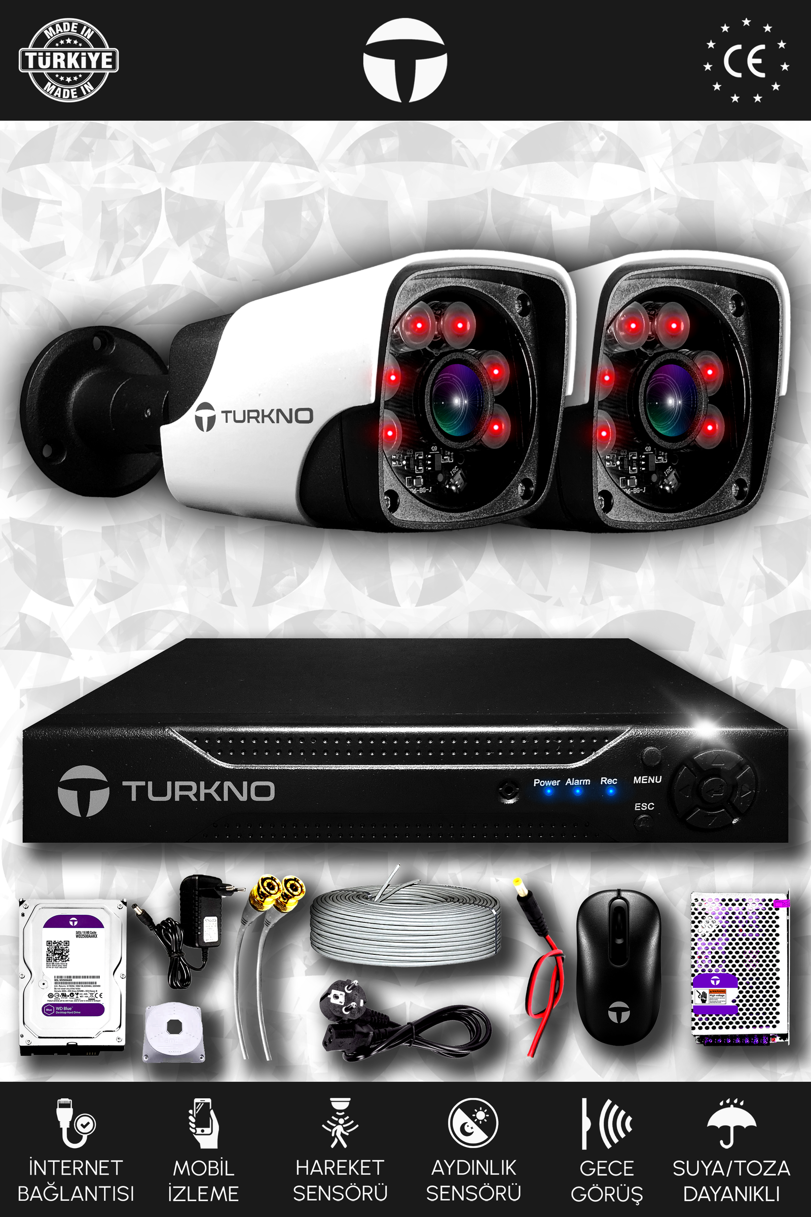 2 Kameralı Pania 2 Dış Kamera Set 250 GB HDD Full HD Gece Görüşlü Güvenlik Kamerası Sistemi